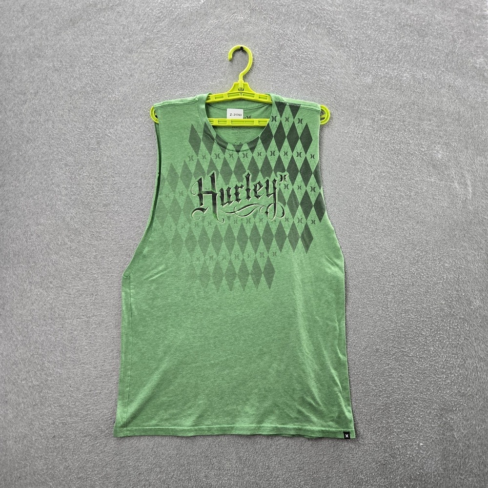 Hurley Men Shirt L Green Embroidered Geometric Slim Sleeveless Grunge Skater Y2K